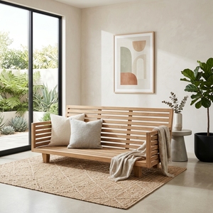 Premium wooden slatted sofa frame minimalist solid teak wood living room three seater daybed <b>bench</b> natural teak lounge frame - Product Image 4