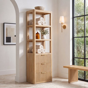 Armario de Madera Maciza con 3 Cajones y Estantes Abiertos, Armario de Almacenamiento Alto de Madera para Baño, Dormitorio y Organización del Hogar - Product Image 1