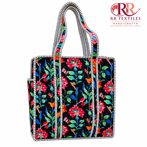 Sac fourre-tout matelassé en coton à motifs floraux pour femme, style bohème, avec fermeture éclair, sac à bandoulière, broderies, pour la plage, le shopping, les voyages, usage quotidien, Inde - Product Image 1