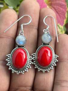 Boucles d'oreilles pendantes faites à la main en argent sterling 925 avec corail et pierre de lune, style vintage bohème, pierres précieuses du sud-ouest - Product Image 6