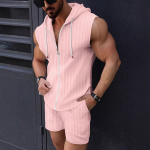 Men's Light Blue Sleeveless Hoodie <b>Set</b> <b>Knitted</b> Polyester Casual Summer Wear Breathable Solid Color Plus Size - Product Image 2