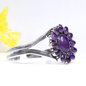New Arrival <b>Amethyst</b> Adjustable Cuff <b>Bracelet</b> Custom Opaque Gemstone Cluster Silver Plated Fashion Jewelry for Bulk Manufacarers - Product Image 5