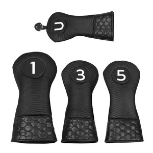 Ensemble de housses de tête de club de golf SOSH4 en cuir PU durable, motif feuille, noir uni, numérotées 1 3 5, fermeture magnétique, design protecteur - Product Image 1