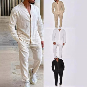 Conjuntos de Hombre de Lino para Primavera y Otoño, Traje Informal de Dos Piezas con Camisa de Manga Larga y Pantalones, Ropa de Moda Masculina - Product Image 6
