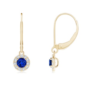 Boucles d'oreilles pendantes en or jaune 14 carats avec saphir bleu naturel et halo de diamants, saphir rond, bijoux fins, cadeau pour femme, cadeau pour elle - Product Image 1