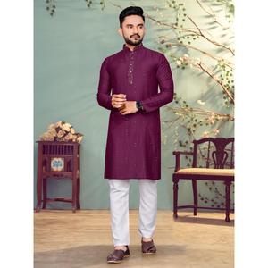 WEDDING COLLECTION PURE VISCOS by <b>NYLON</b> <b>100</b>% COTTON <b>FABRIC</b> WITH SEQUENCE and THREAD WORK KURTA+PYJAMA WINE - Product Image 1