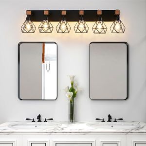 Lampada da Bagno Moderna Geometrica a 6 Luci da 38 Pollici con Accenti in Metallo Nero e Legno, Paralume a Gabbia per Bagno e Camera da Letto - Product Image 1