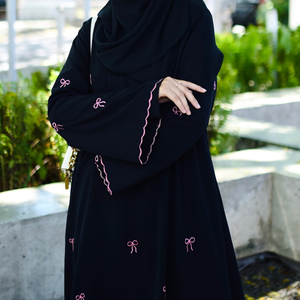 Abaya bleu marine brodée pour femme, robe longue à manches longues, col rond, en coton, pour usage quotidien, style Moyen-Orient - Product Image 2