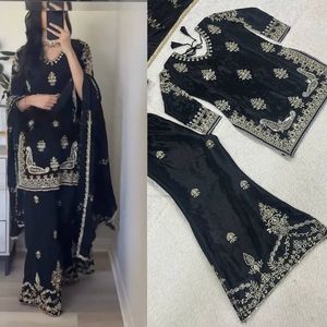Ensemble pantalon palazzo en soie Chinnon lourde avec broderie de sequins de 5 mm pour femme, entièrement cousu, manches longues, design de créateur - Product Image 3