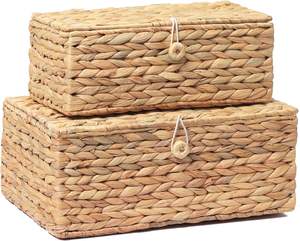 Lot de 2 paniers de rangement rectangulaires emboîtables en jacinthe tressée à la main avec couvercle ISLA pour étagères, placards et organisation domestique – Vente en gros - Product Image 4