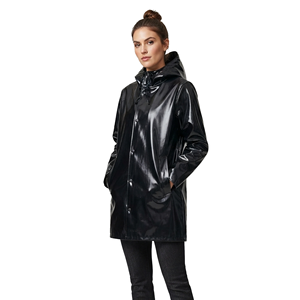 Black <b>Hooded</b> Long PU <b>Raincoat</b> Waterproof Casual Coat <b>With</b> Button Closure Unisex Spring Wear - Product Image 3
