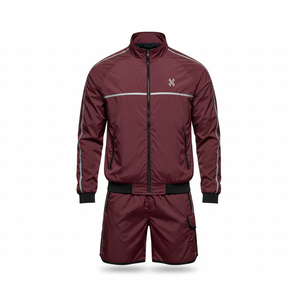 Men's Maroon Tracksuit Set Full Sleeve <b>Zip</b>-Up Jacket With <b>Shorts</b> Solid Color Sporty Design Quick Dry Polyester Material - Product Image 1
