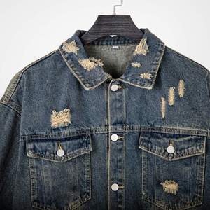 Men's <b>Denim</b> <b>Jacket</b> Casual Loose Fit Turn-down Collar Frayed Washed Blue Regular Sleeve Autumn Style - Product Image 2