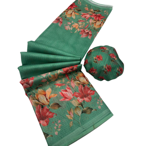 Sari en organza à imprimé floral de créateur |   Sari indien ethnique vert avec chemisier |   Vêtements de fête traditionnels - Product Image 1