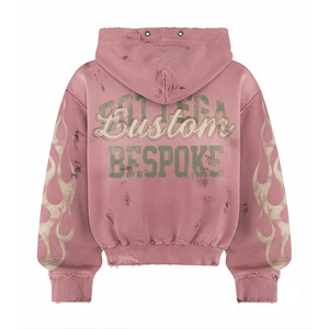 Sudadera con capucha de peso pesado para hombre, 450 g/m², 100% algodón, felpa francesa, estampado gráfico de llamas, cremallera completa, corte cropped y holgado, estilo streetwear, efecto envejecido - Product Image 1
