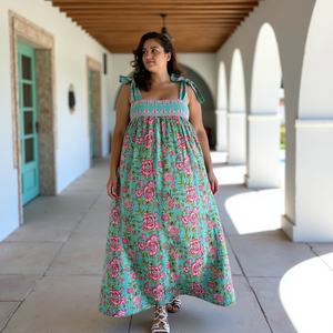 Girls Mint <b>turquoise</b> Green Sleeveless Maxi Dress 100% Cotton Straight Vintage Floral Design Resort Ready <b>Tie</b> Shoulders F - Product Image 2