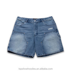 Shorts en jean délavé à taille haute, ornés de perles et de strass, style baggy, personnalisés OEM pour hommes - Product Image 1