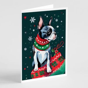Whimsical Boston Terrier Tarjetas de felicitación de Navidad Paquete de 8 A7 Tamaño 5x7 Tarjetas de notas en blanco con sobres - Product Image 1