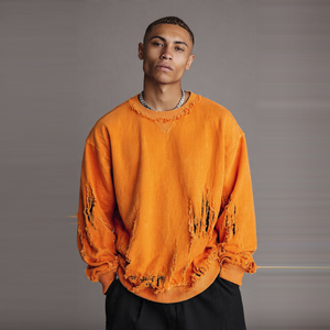 Sudadera de cuello redondo para hombre, estilo distressed, moda de invierno, streetwear, hombros caídos, oversize, manga larga, top con efecto desgastado - Product Image 2