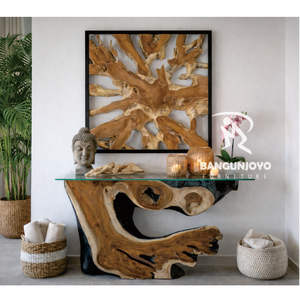 Table console en bois de Suar avec décoration murale en racine de teck, design moderne, durable - Product Image 1