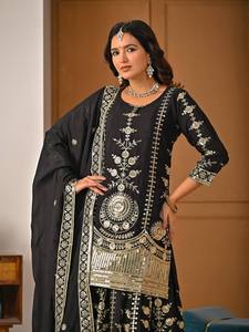 Conjunto de Vestido Tradicional Indio-Pakistaní de Seda Negra Bordada para Mujer con Dupatta para Bodas - Product Image 4