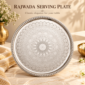 Assiette de service ronde Rajwada en acier inoxydable, assiette à dîner, plateau floral en relief pour fête, mariage, table - Product Image 1
