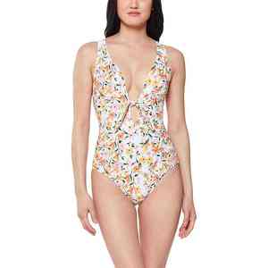 Maillot de bain une pièce floral pour femme, col en V profond, découpes, cordon de serrage avant, taille haute, extensible - Product Image 4