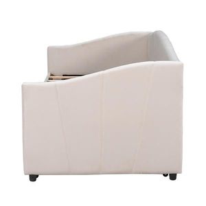 Beige Upholstered Daybed Sofa Bed Twin Size with Trundle Bed and Wood Slat - Product Image 5