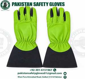 Gants de sécurité pakistanais en cuir, résistants aux coupures, avec manchette longue, vert et noir, ambidextres, à enfiler, pour le jardinage - Product Image 3