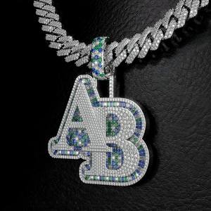 925 <b>Silver</b> Double Letter Pendant Iced Out Moissanite Charm <b>Necklace</b> Blue Green Baguette Cut Hip Hop Jewelry - Product Image 3