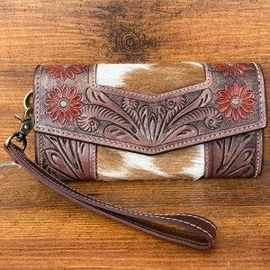 Nouveau portefeuille de sculpture usiné à la main de concepteur pochette portefeuille en cuir de fourrure de vachette élégant multi-utilisations embrayages en cuir occidental pour les femmes - Product Image 2