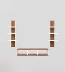 Meuble TV mural en bois pour décodeur et étagères à livres – Couleurs : Marron, Blanc - Product Image 2