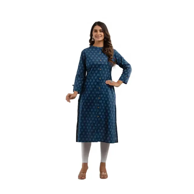 Hermoso Kurti largo de color azul con algodón teñido y diseño floral Estilo casual Uso diario Kurti largo para niñas y mujeres