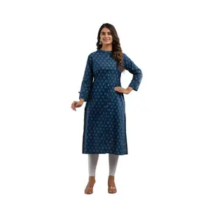 Beautiful Blue Color Long Kurti with Cotton Dyed & Floral Designed Casual Style Daily Wearing Long Kurti for Girls and Women