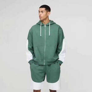 Men's Color Blocking Hooded Zip-Up <b>Tracksuit</b> Set Green <b>White</b> Casual Loose Fit Full Sleeve Shorts Breathable Autumn Wear - Product Image 1