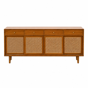 Solid Teak Premium Scandinavian Modern Living Room Luna Cane Teak <b>Sideboard</b> 4 Door 4 Drawer Buffet Cabinet Rattan Panels <b>Storage</b> - Product Image 2