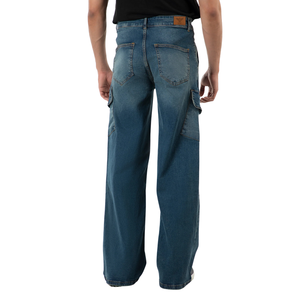 Pantalones Cargo de Mezclilla Tejida Azul Oscuro para Hombre, Corte Regular, Pierna Ancha, Multibolsillos, Casuales, Lavados, Largos, Utilitarios, para Invierno - Product Image 2