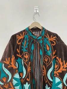 <b>Women</b> Brown Embroidered <b>Velvet</b> Suzani Long Jacket With Floral Pattern Full Sleeve Stand Collar Bohemian Ethnic Style Autumn <b>Coat</b> - Product Image 2