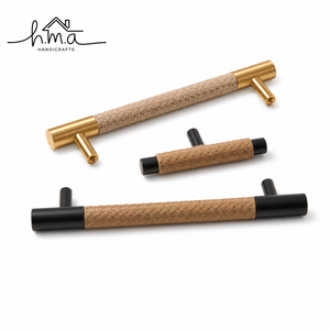 Modern Brass and Black T <b>Bar</b> Handle with Natural Beige Braided Rope Texture Cylindrical <b>Bar</b> Cabinet Drawer <b>Pull</b> Design - Product Image 1