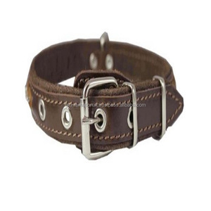Collar de cuero genuino trenzado con tachuelas para perro, cuero prémium con relleno suave y costura de bordes, acabado marrón - Product Image 1
