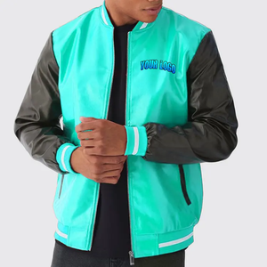 Men's Gray Bomber Jacket With Black Sleeves Embroidered Logo Zipper Closure Casual Autumn Wear - Product Image 6