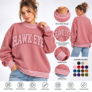 Sudadera de cuello alto con hombros caídos y logotipo de cuadros gingham personalizado para mujer, de gran tamaño, de alta calidad y gran venta. - Product Image 1