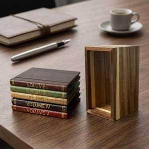 Wooden Book Coaster Set: Vintage Bookshelf Drink <b>Mats</b> Dark Academia Decor Book Lover Gift - Product Image 2