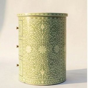 Wholesale <b>Green</b> Bone Inlay Nightstand 3 Drawer Round <b>Bedside</b> <b>Table</b> Floral Handmade Furniture - Product Image 4