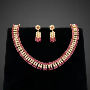 Ensemble de colliers en cuivre plaqué or avec perles pour femmes, bijoux de luxe en zircon pour mariages indiens et fêtes, avec boucles d'oreilles - Product Image 2