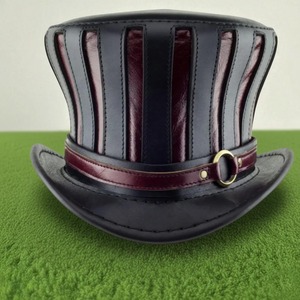 Chapeau haut de forme steampunk en cuir évasé, fait main sur mesure, qualité supérieure, pour cosplay Mad Hatter, noir et bordeaux - Product Image 1