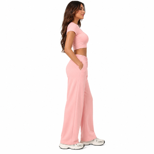 Pantalones Deportivos de Cintura Alta y Pierna Ancha para Mujer, Top Corto de Yoga de Manga Corta, Ropa Deportiva Sólida para Gimnasio con Cierre Elástico en la Cintura - Product Image 2