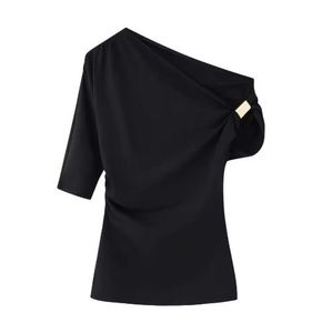 Nouveau T-shirt Femme en Coton Anti-Plis, Coupe Slim, Asymétrique, Simple, Personnalisable, avec Boutons Métalliques Tendance - Product Image 6