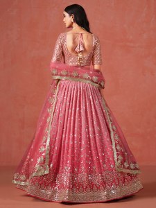 Pink Embroidered Organza Lehenga With <b>Sequined</b> Detailing V-Neck Short Sleeve Floor-Length Bridesmaid Dress A-Line Silhouette - Product Image 3