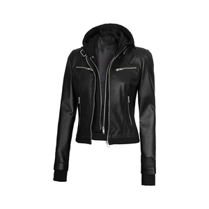 Chaqueta de Motociclista de Cuero Sintético para Mujer, Manga Larga, Cierre de Cremallera, con Capucha, Color Negro Sólido, Ropa de Abrigo de Otoño, Corte Regular - Product Image 1